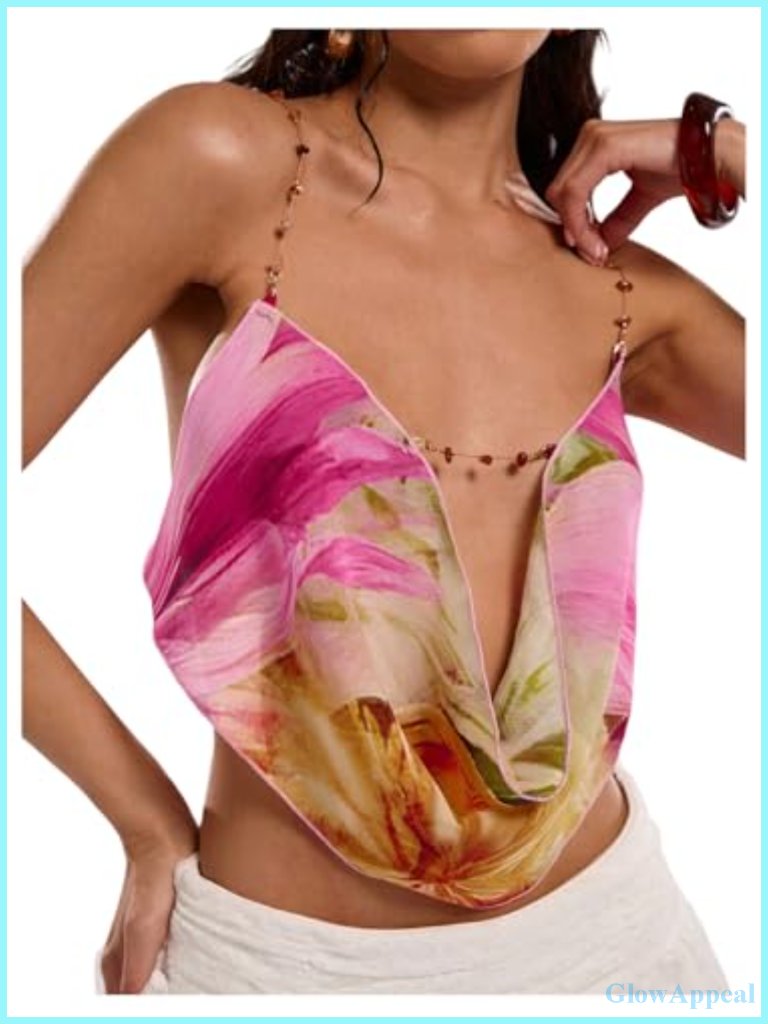 Boho Floral Beaded Chain Camisole Crop Top Backless Cowl Neck Sleeveless